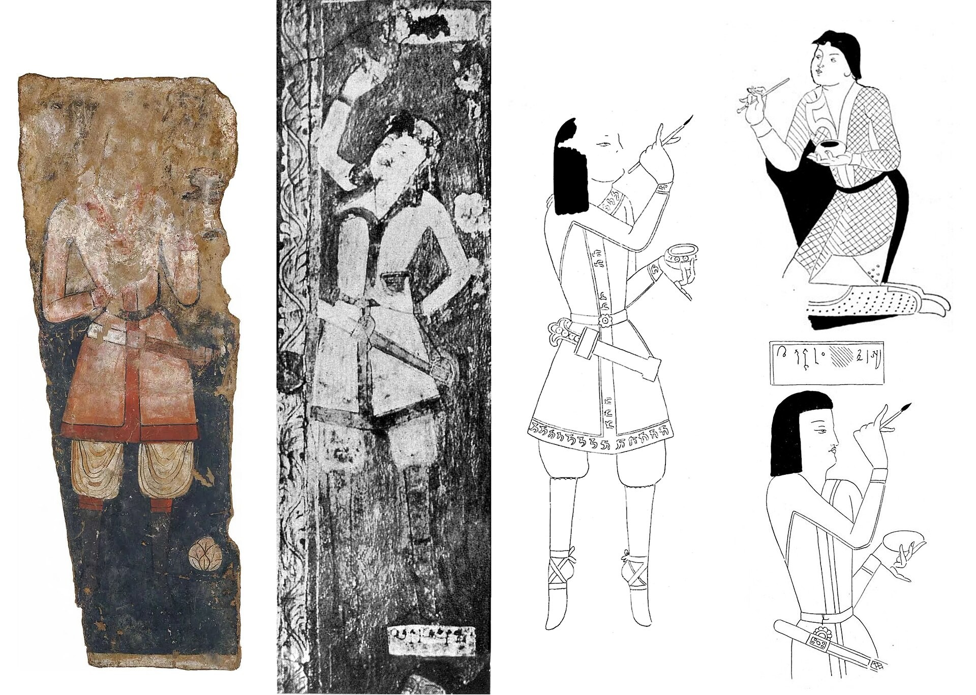 A composite plate of four elements side by side. Left: a fragment of real painted plaster showing a standing figure in a red-orange belted tunic over dark leggings, hands together at the chest, most of the face lost. Second: a black and white photograph of a mural figure in a white belted coat with a long blade at the waist and high boots, with a rectangular inscription panel at the bottom. Third: a clean line drawing of a figure in a knee-length belted coat with patterned borders, holding a fine brush raised in one hand and a small cup in the other, a dagger at the belt, in high laced boots. Right: two more line drawings, one kneeling and one standing, each holding a brush and a bowl, with a boxed inscription panel between them.