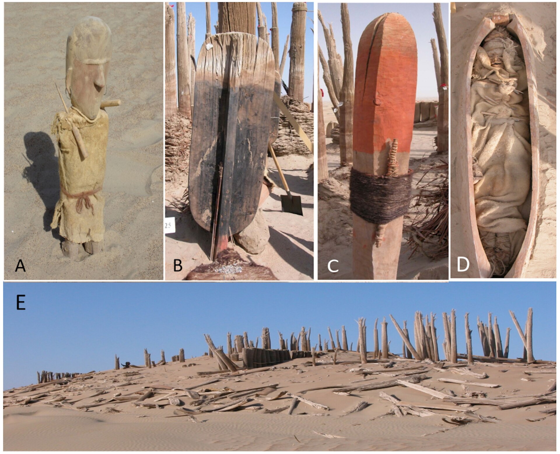 A five-panel composite labelled A to E. A: a carved wooden human figure standing in sand, in a pale woollen garment with a cord belt and a peaked cap. B: a large boat-shaped wooden plank standing upright among a forest of weathered posts, with a modern shovel and a numbered label at its foot. C: a wooden post painted red over its upper half and bound at the middle with thick black cord. D: a boat-shaped coffin seen from above and opened, holding a body entirely wrapped in pale woollen textile. E: a wide panel of a sand dune covered with hundreds of standing weathered wooden posts and scattered timber, under a deep blue sky.