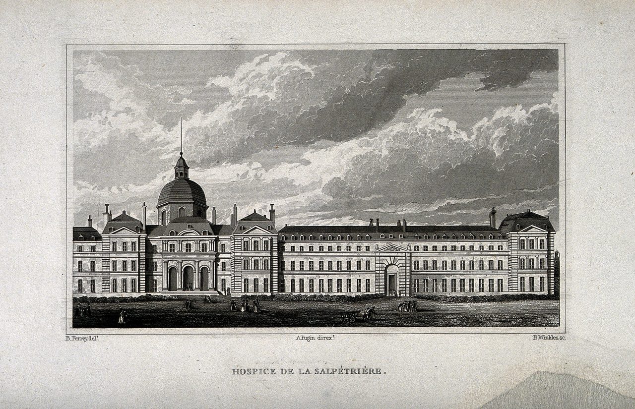 A nineteenth century engraving of the Salpetriere in Paris: a long symmetrical hospital range with a domed chapel rising behind its centre, small figures scattered on the open ground in front, and engraved lettering on the paper below the plate