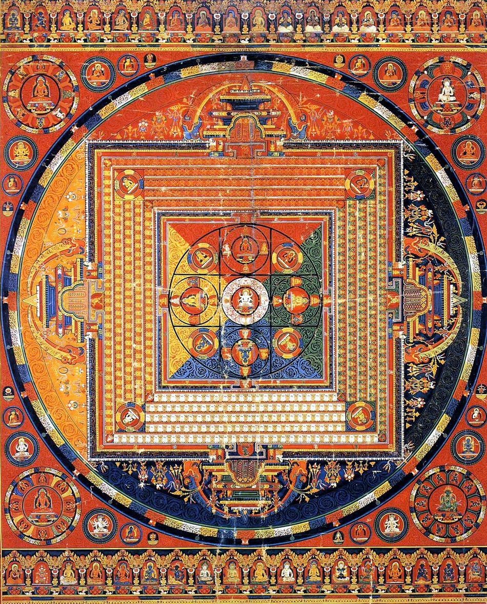 An intricate Tibetan thangka mandala: a large outer circle enclosing a square palace with gates on four sides, and at the centre a ring of small medallions around a single seated figure, painted in orange, gold, deep blue, and green, with rows of small seated Buddha figures along the top and bottom borders