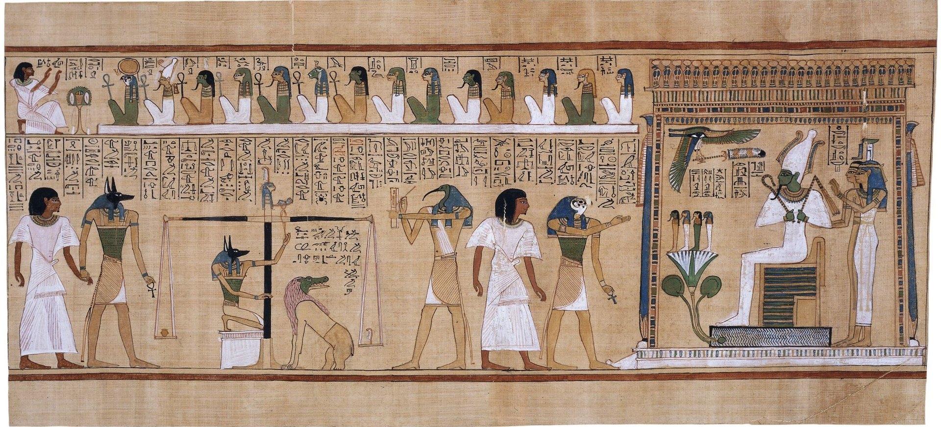 The ancient Egyptian judgment-of-the-dead scene from the Papyrus of Hunefer: the jackal-headed Anubis weighs Hunefer's heart against the feather of Ma'at on a balance, the ibis-headed Thoth records the result, the beast Ammit waits, and at right Horus presents the justified Hunefer to the enthroned Osiris