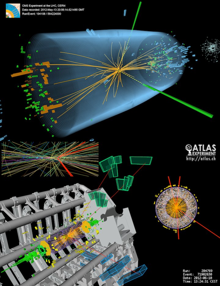 A composite of real particle-collision event displays from the CMS and ATLAS experiments, showing reconstructed particle tracks fanning out from a collision point in bright colours against dark detector representations, with 'CMS Experiment' and 'ATLAS Experiment' labels and 2012 dates