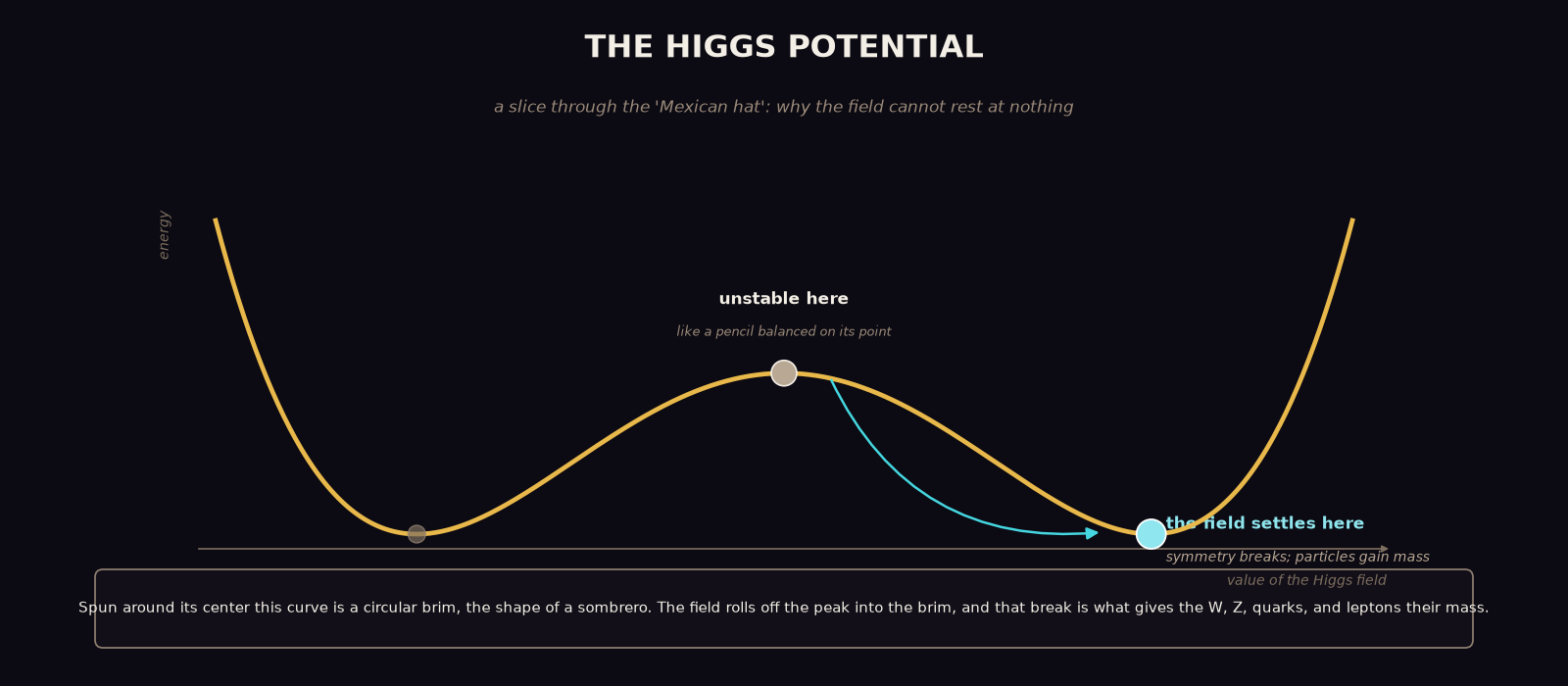 An original diagram titled 'The Higgs Potential': a gold double-well curve with a small central bump marked 'unstable here', a ball at the bottom of the right-hand well marked 'the field settles here', and a note that spun around its center the curve forms a sombrero shape