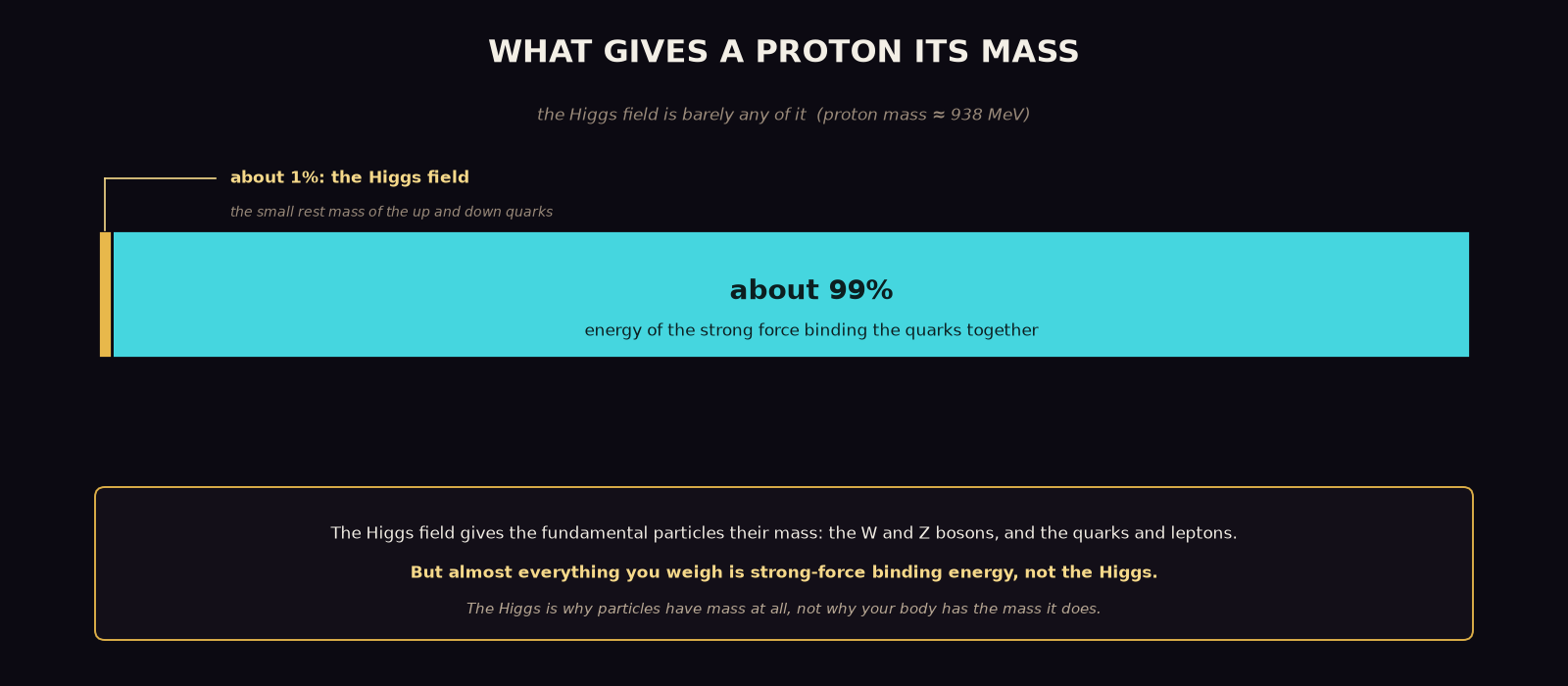 An original bar diagram titled 'What Gives a Proton Its Mass': a thin gold sliver labelled 'about 1%: the Higgs field' beside a large cyan bar labelled 'about 99%: energy of the strong force binding the quarks together', with a note that almost everything you weigh is strong-force binding energy