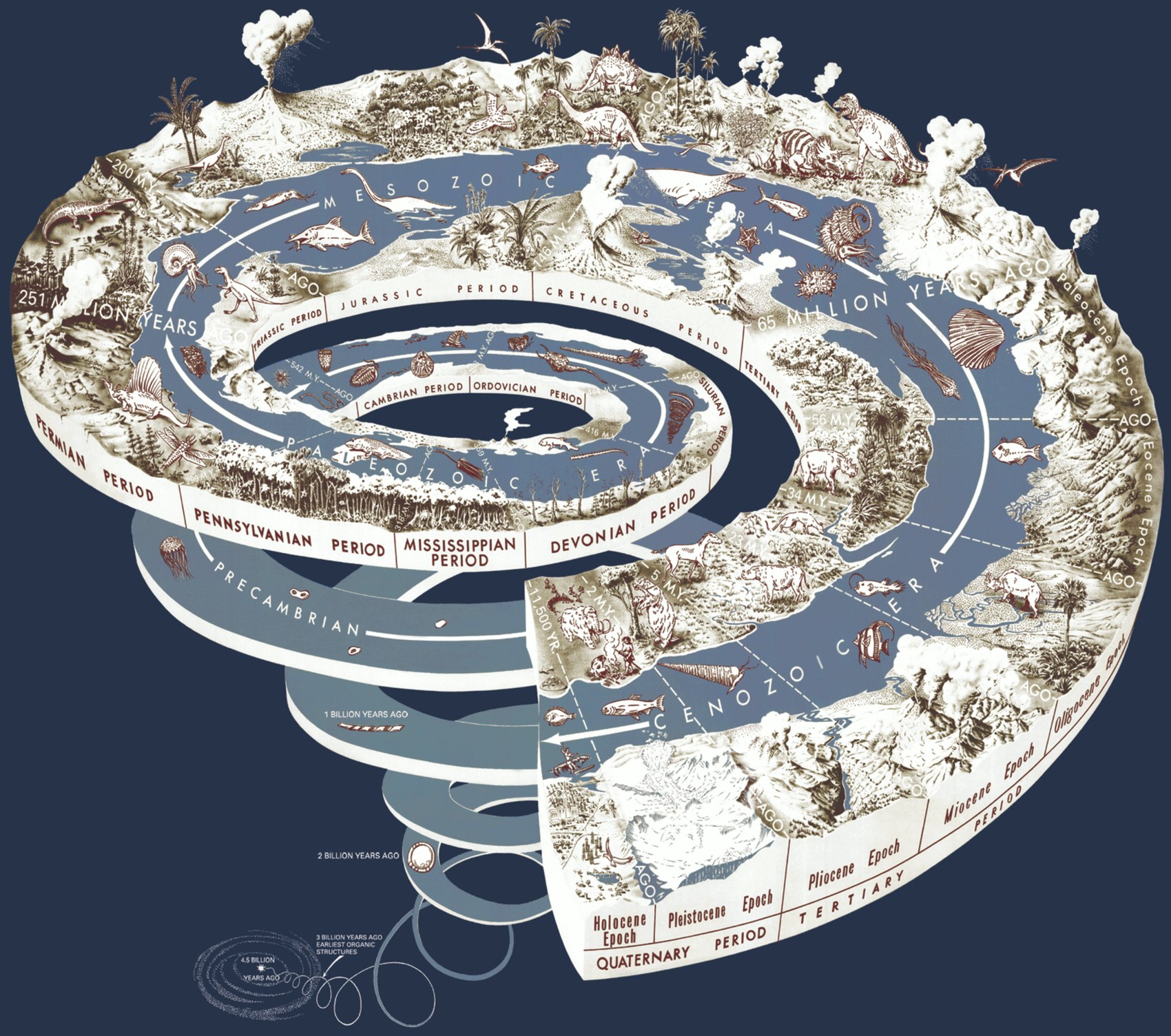 The United States Geological Survey geologic time spiral, a three-dimensional coiled ramp illustrated with plants, dinosaurs, sea creatures, mountains and volcanoes, widest at the top for the recent eras and winding down to a narrow point labeled 4.5 billion years ago at the base