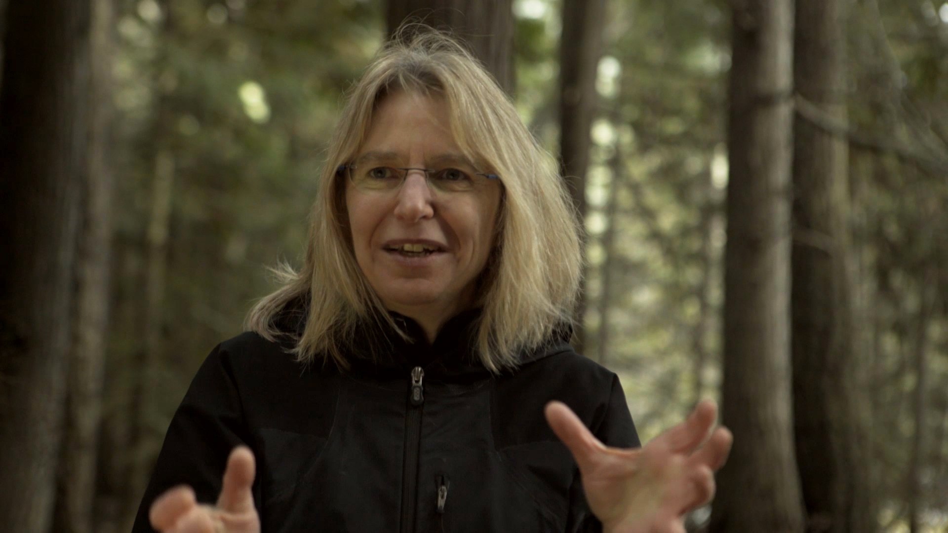 A photograph of Suzanne Simard, a woman with shoulder-length fair hair and wire-rimmed glasses in a black jacket, gesturing with both hands as she speaks, standing among out-of-focus forest tree trunks