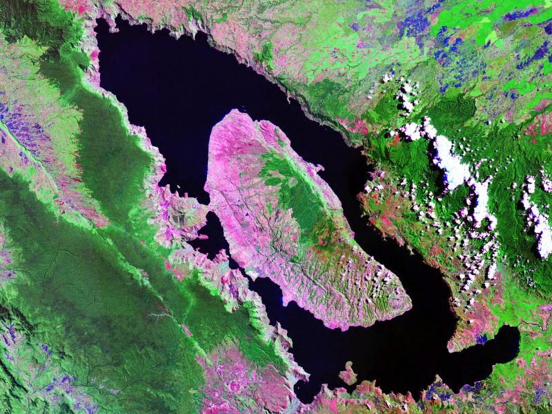 NASA Landsat satellite image of Lake Toba and Samosir Island, Sumatra, seen from orbit