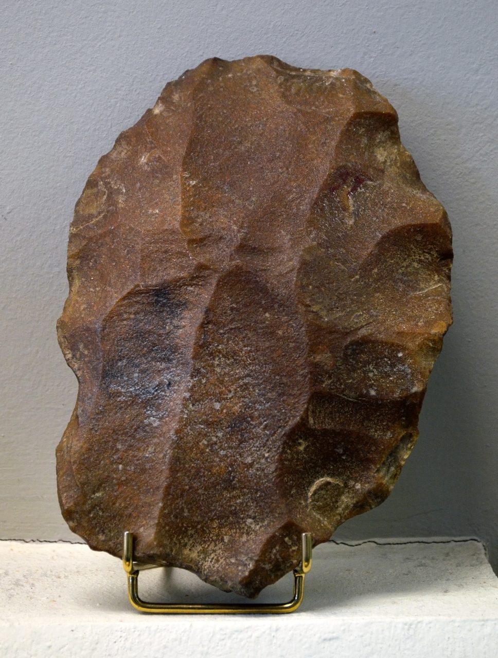 A quartzite stone core produced using the Levallois knapping technique, held in the Musee Saint-Remi, Reims, France