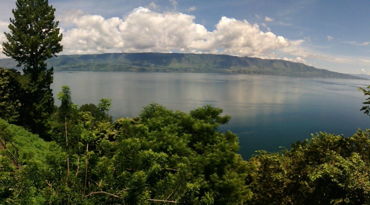 Lake Toba viewed from Parapat, North Sumatra, with Samosir Island at the center of the lake