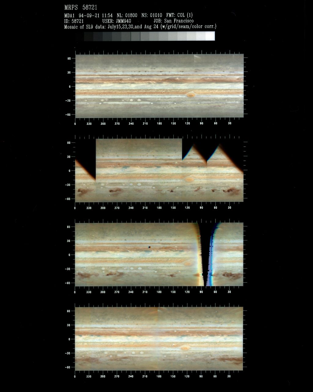 Four stacked cylindrical-projection maps of Jupiter assembled from Hubble images, banded in cream and orange, with dark smudges appearing along the southern hemisphere in the middle panels, each panel carrying latitude and longitude scales, with a single block of processing text heading the whole product