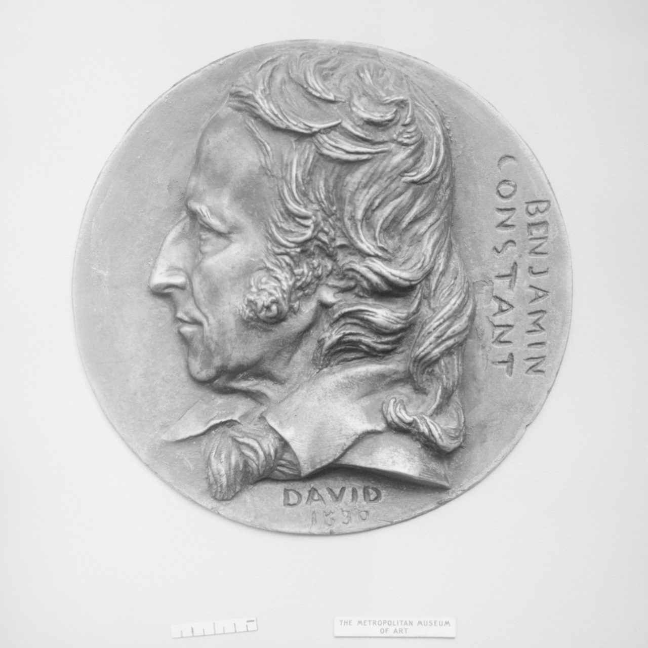 A photograph of a portrait medallion of Benjamin Constant, made by Pierre-Jean David d'Angers in 1830, from the Metropolitan Museum of Art