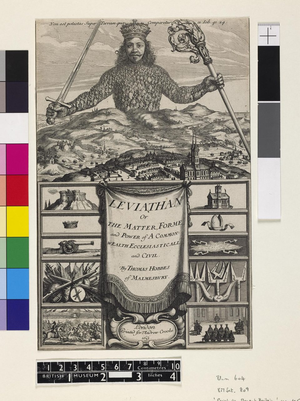 The engraved frontispiece of the 1651 first edition of Hobbes's Leviathan, showing a crowned figure whose body is composed of many small human bodies rising above a city