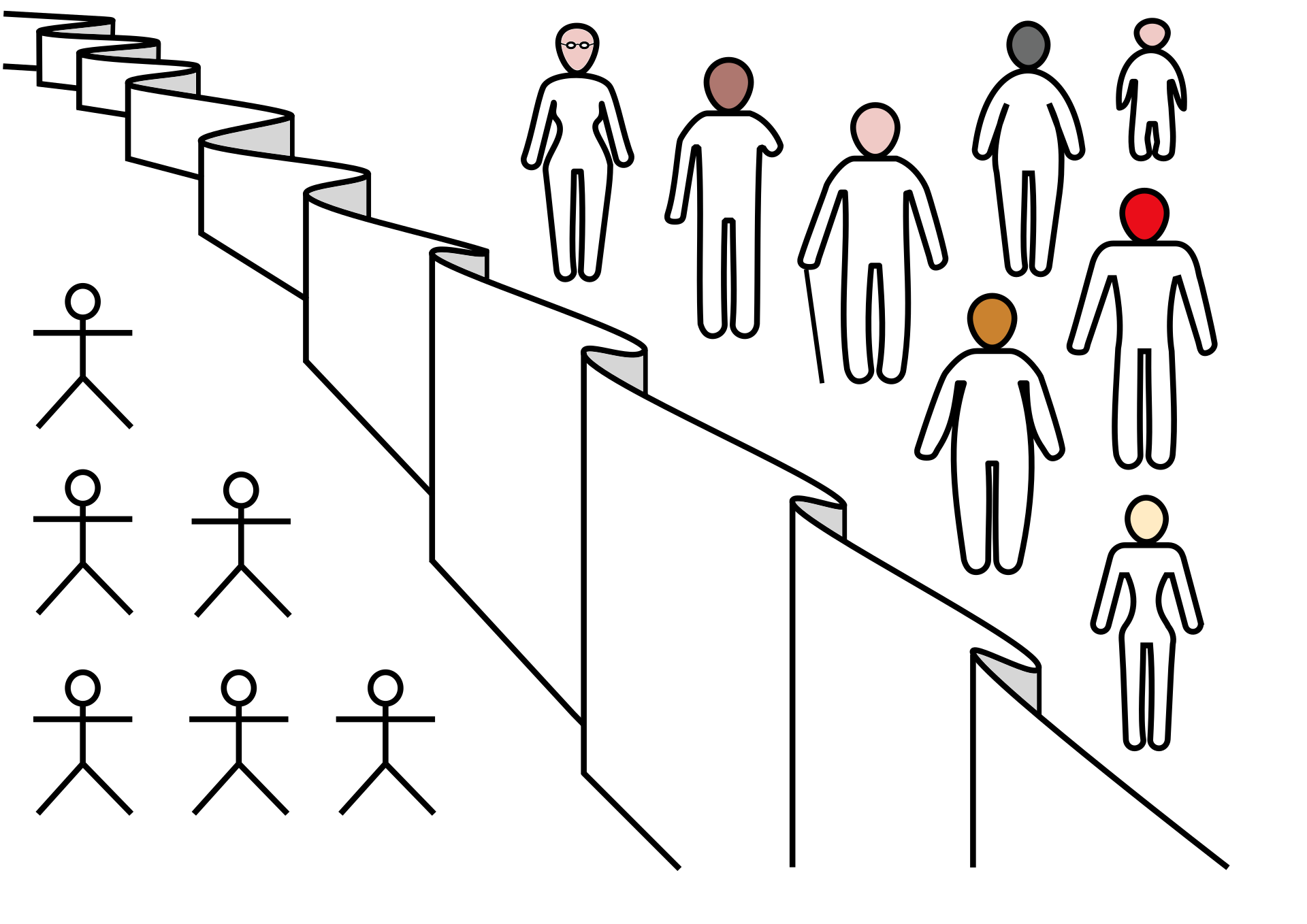 A diagram of Rawls's original position in which a folded screen divides featureless stick figures on one side from figures drawn with differing bodies and skin tones on the other