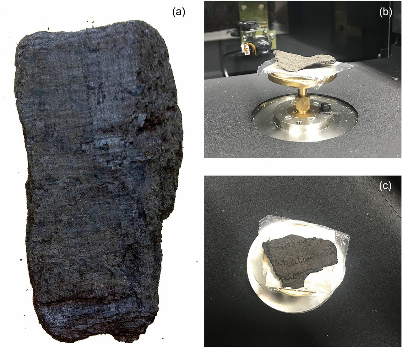 Contrast-enhanced research photographs of carbonized papyrus fragments from the Herculaneum scrolls