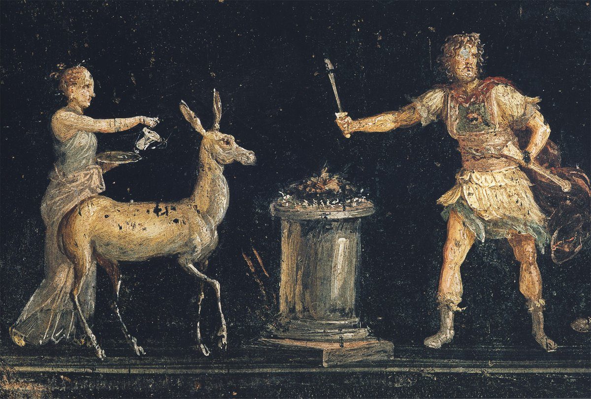 A Roman wall painting of a sacrifice scene in honor of the goddess Diana, from the House of the Vettii in Pompeii