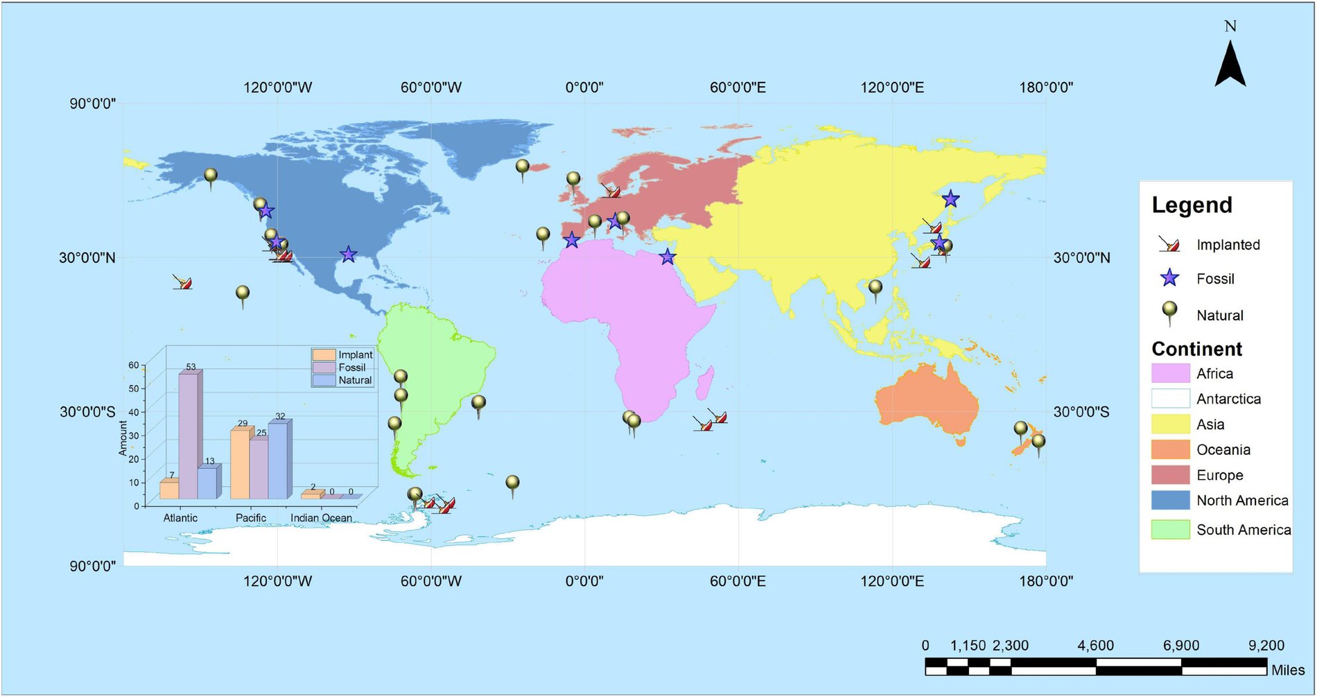 A world map with continents shaded by colour and a legend showing three marker types: implanted, fossil and natural. Markers cluster heavily along the California coast and around Japan, with scattered pins in the South Atlantic, off southern Africa and near New Zealand. An inset bar chart gives counts for the Atlantic, Pacific and Indian Oceans.