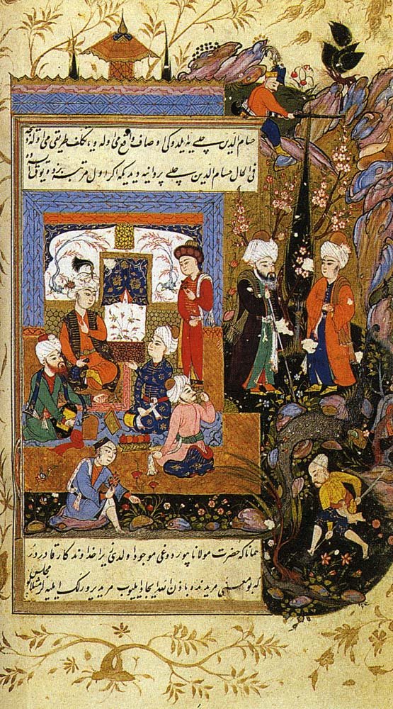 A 16th-century Ottoman miniature painting depicting the poet Rumi with his disciple Husam al-Din Chelebi