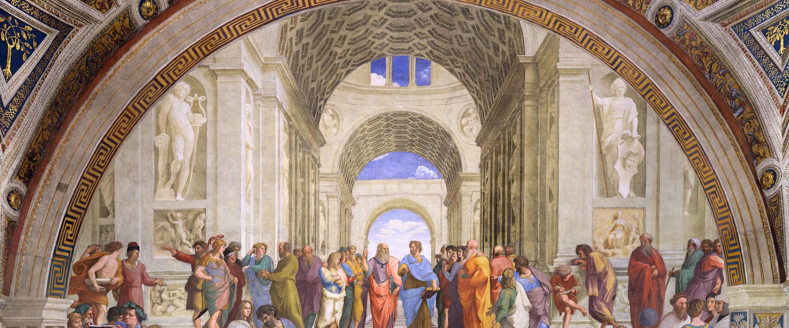 Raphael's fresco The School of Athens: ancient Greek philosophers gathered beneath a grand classical vault, with Plato and Aristotle at the center