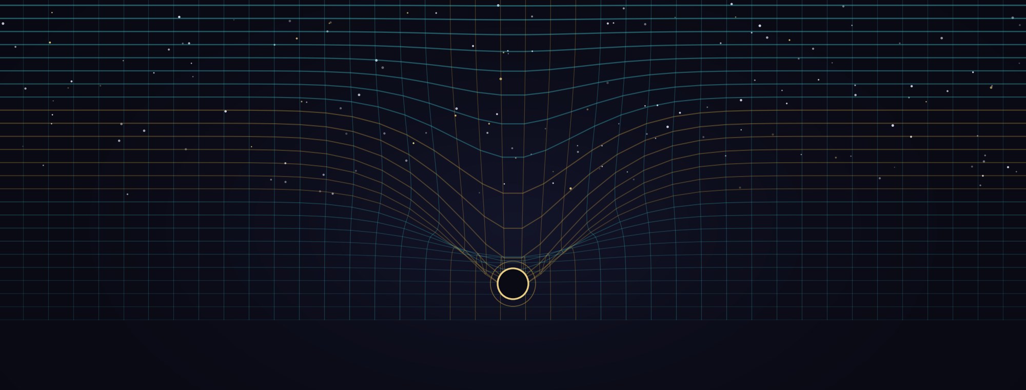 A grid of glowing lines on a dark starfield, curving downward into a deep central well toward a small gold-rimmed dark mass: spacetime bent by gravity, the fabric of reality