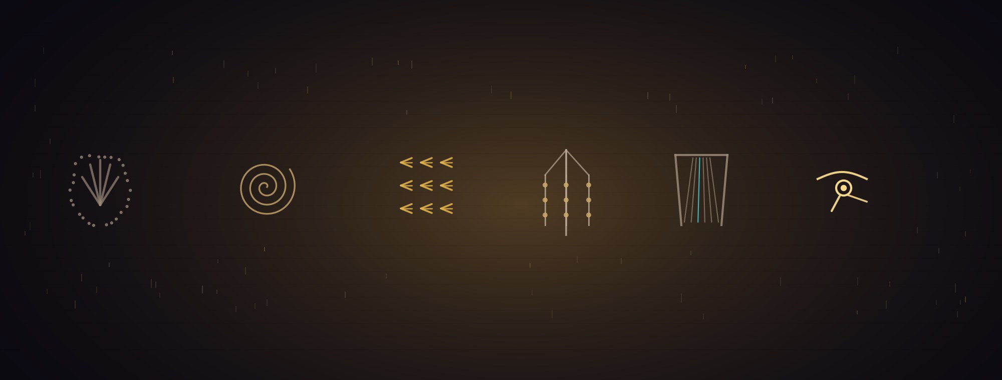 A warm, dark field with a horizontal frieze of glowing marks in gold and stone: a hand stencil, a spiral, a cluster of cuneiform wedges, a knotted cord, a lyre with strings, and an eye-like glyph, the accumulated marks of human expression