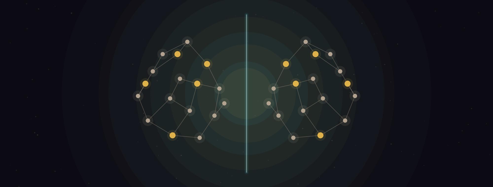 A network of glowing nodes, a thought-constellation, reflected symmetrically across a luminous vertical seam on a dark field: the mind turned to look at itself