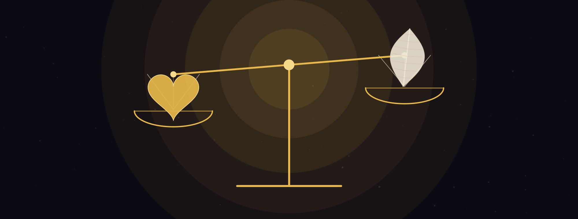 A golden balance scale on a dark, glowing field: a heart weighed on the lower pan against the single feather of the goddess Ma'at on the other, the ancient image of a life measured against truth