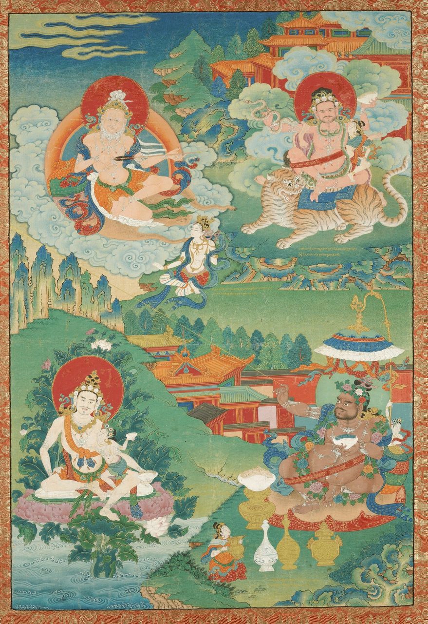 An eighteenth century Tibetan thangka showing four haloed adepts in a green landscape of temples and cloud, one holding an arrow across his hands, another seated on a tiger with a consort