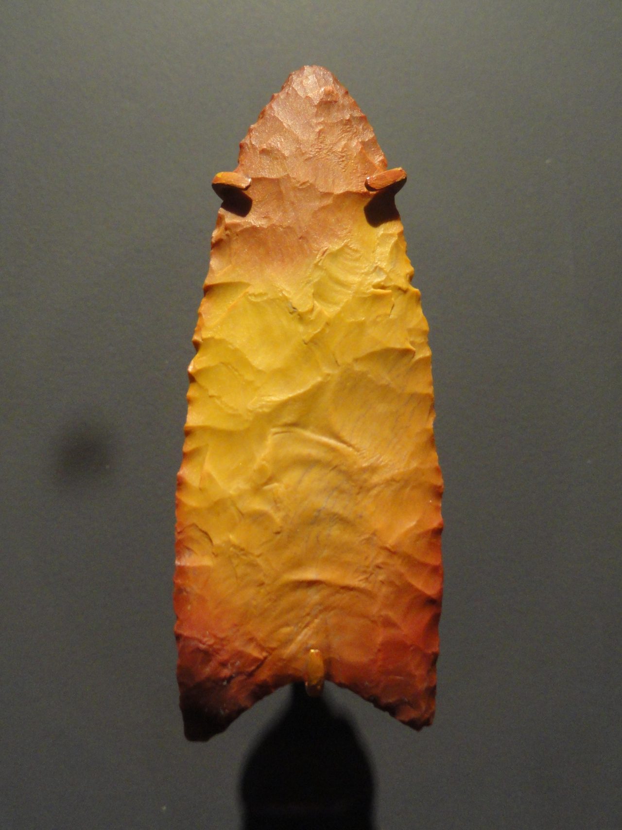 A chert Clovis point, dated 11,500 to 9,000 BC, from Sevier County, Utah, displayed at the Natural History Museum of Utah