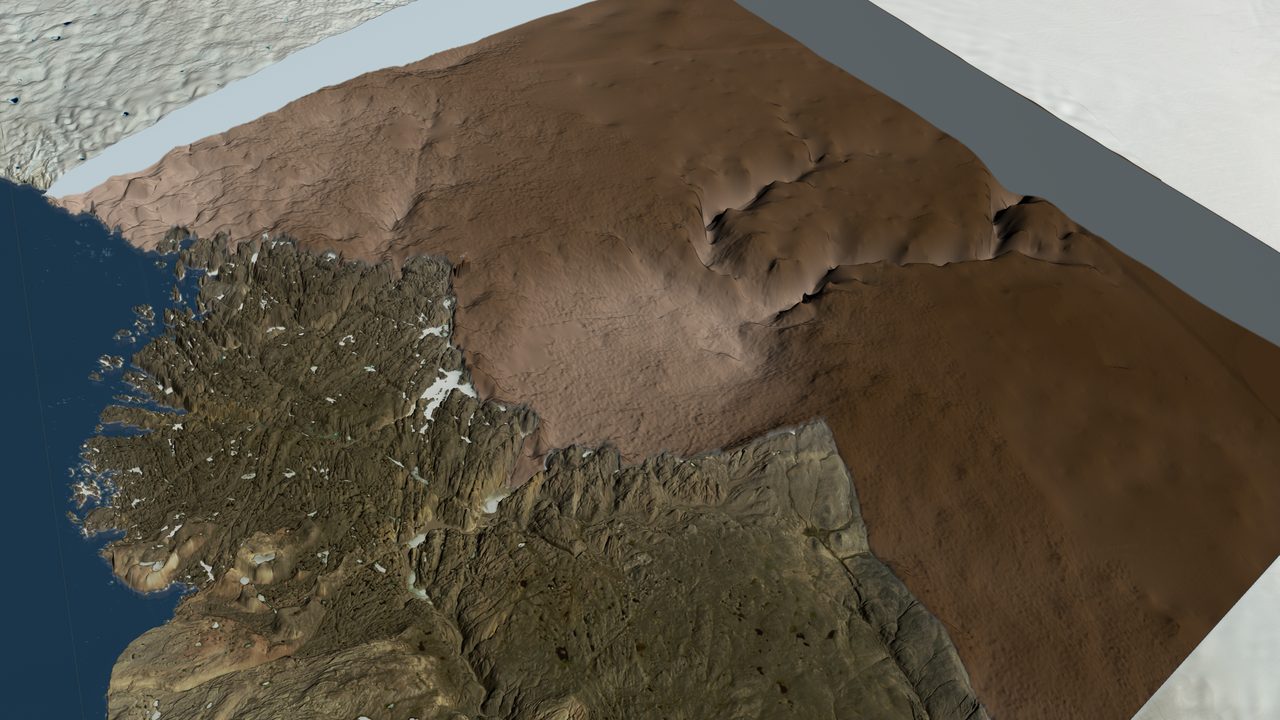 A bed-topography visualization of the Hiawatha impact structure beneath the Greenland ice sheet, with the ice digitally removed to reveal the crater in the bedrock